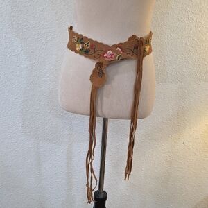 Embroidered Tan Belt with Fringe 37.5" Long